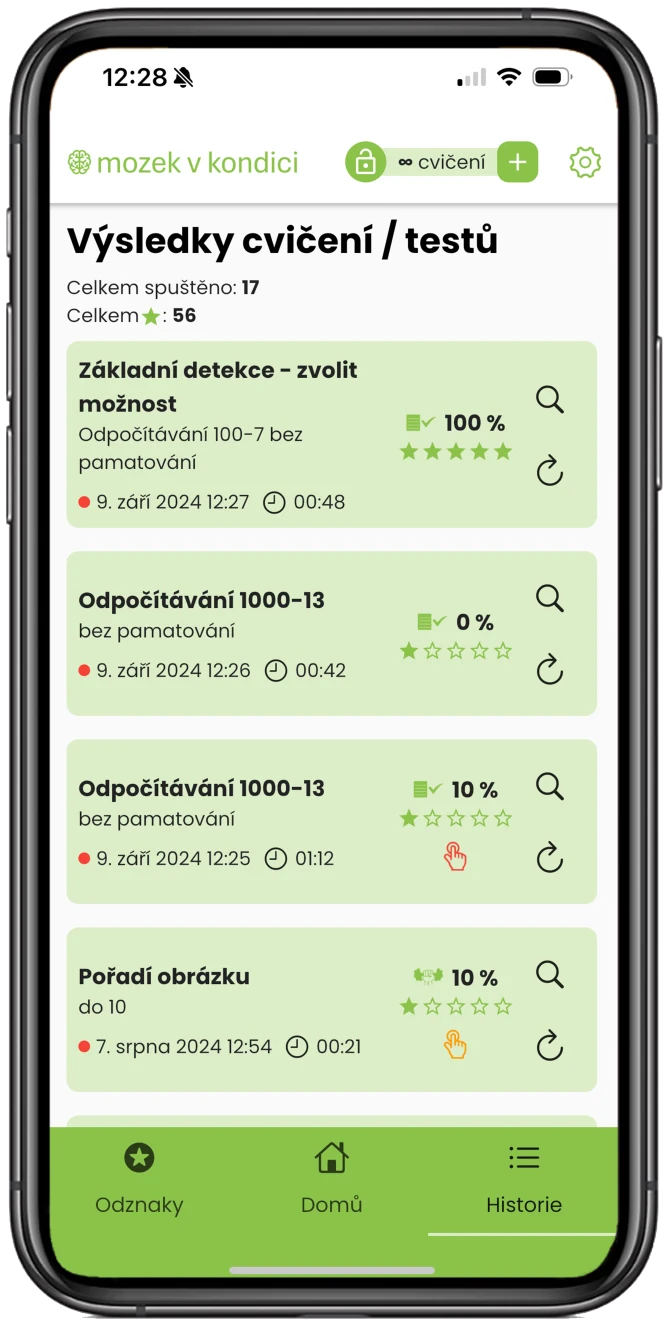 Brainmondo app screen with an overview of exercise and test results